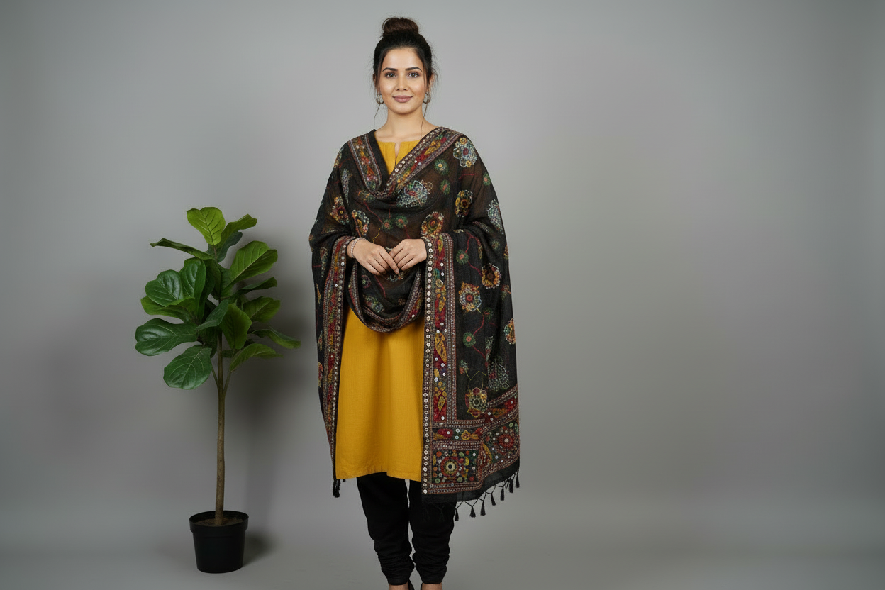 Kutchi Cotton Dupatta - Black