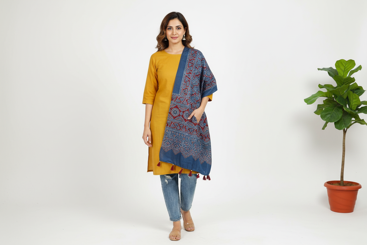 Blue Stole with Contrast Kurta