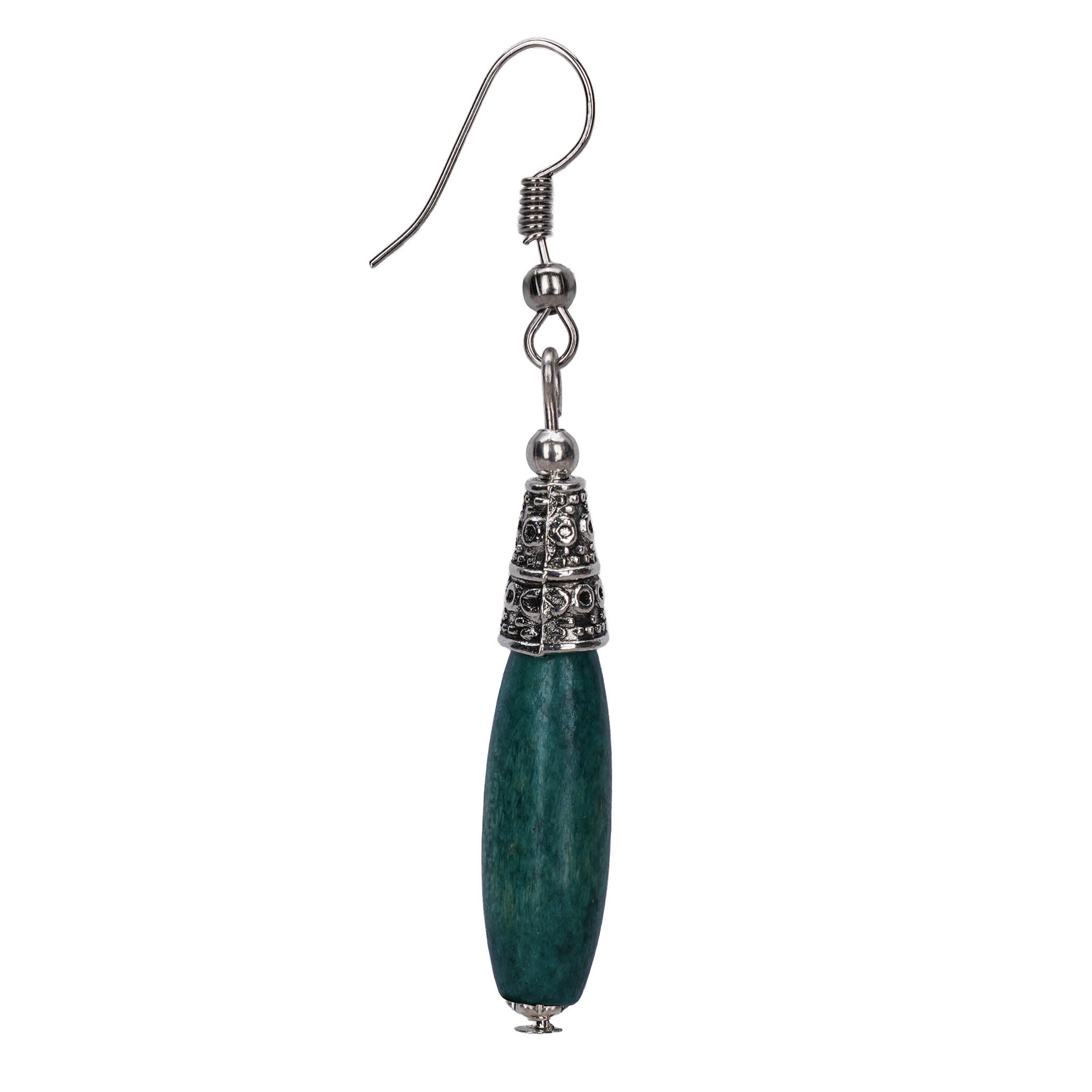 Bohemian Wood And Oxidised Silver Hook Earring - Teal
