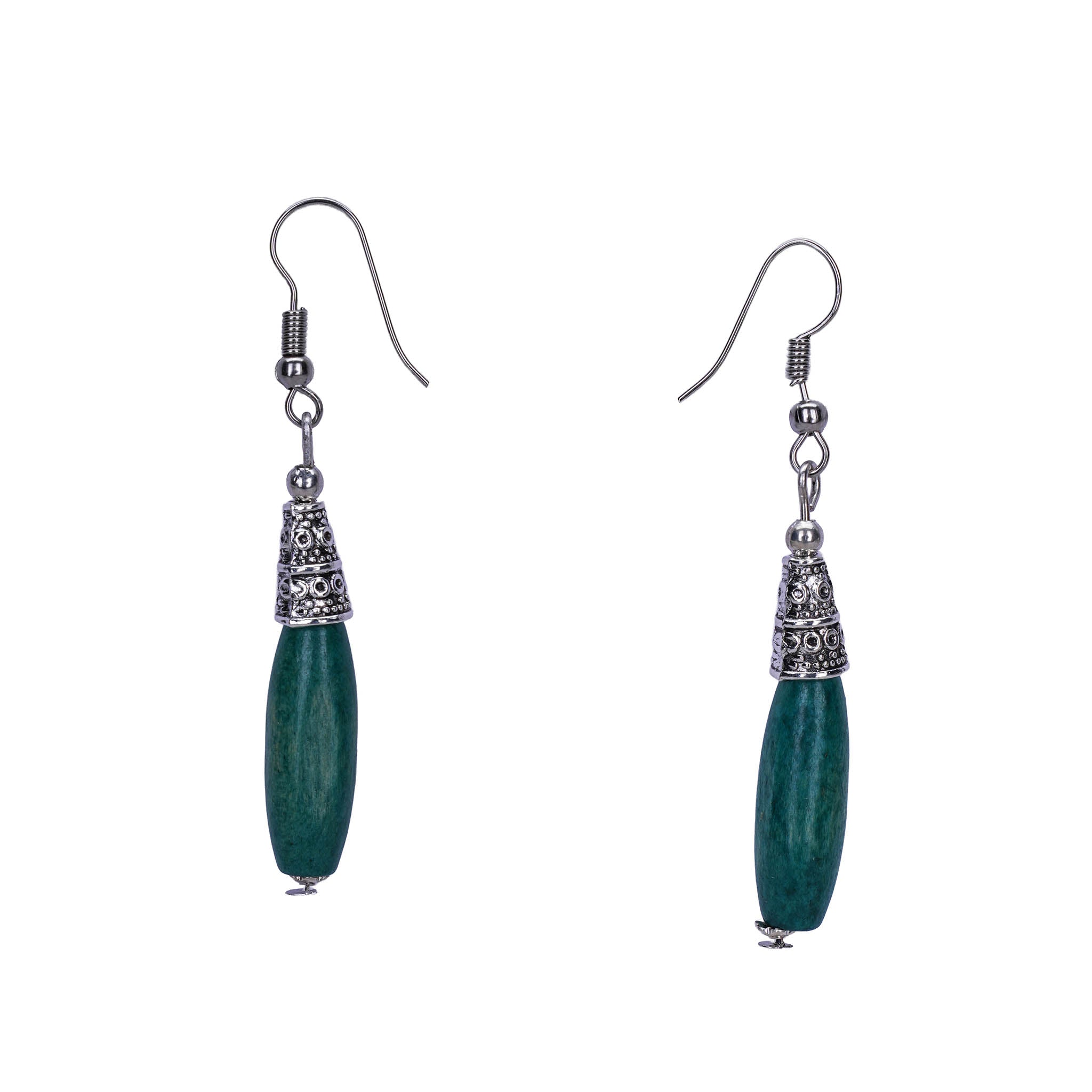 Bohemian Wood And Oxidised Silver Hook Earring - Green