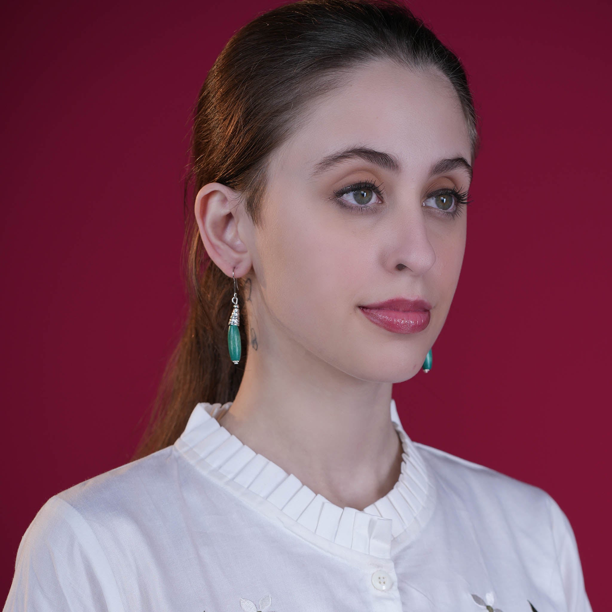 Bohemian Wood And Oxidised Silver Hook Earring - Green