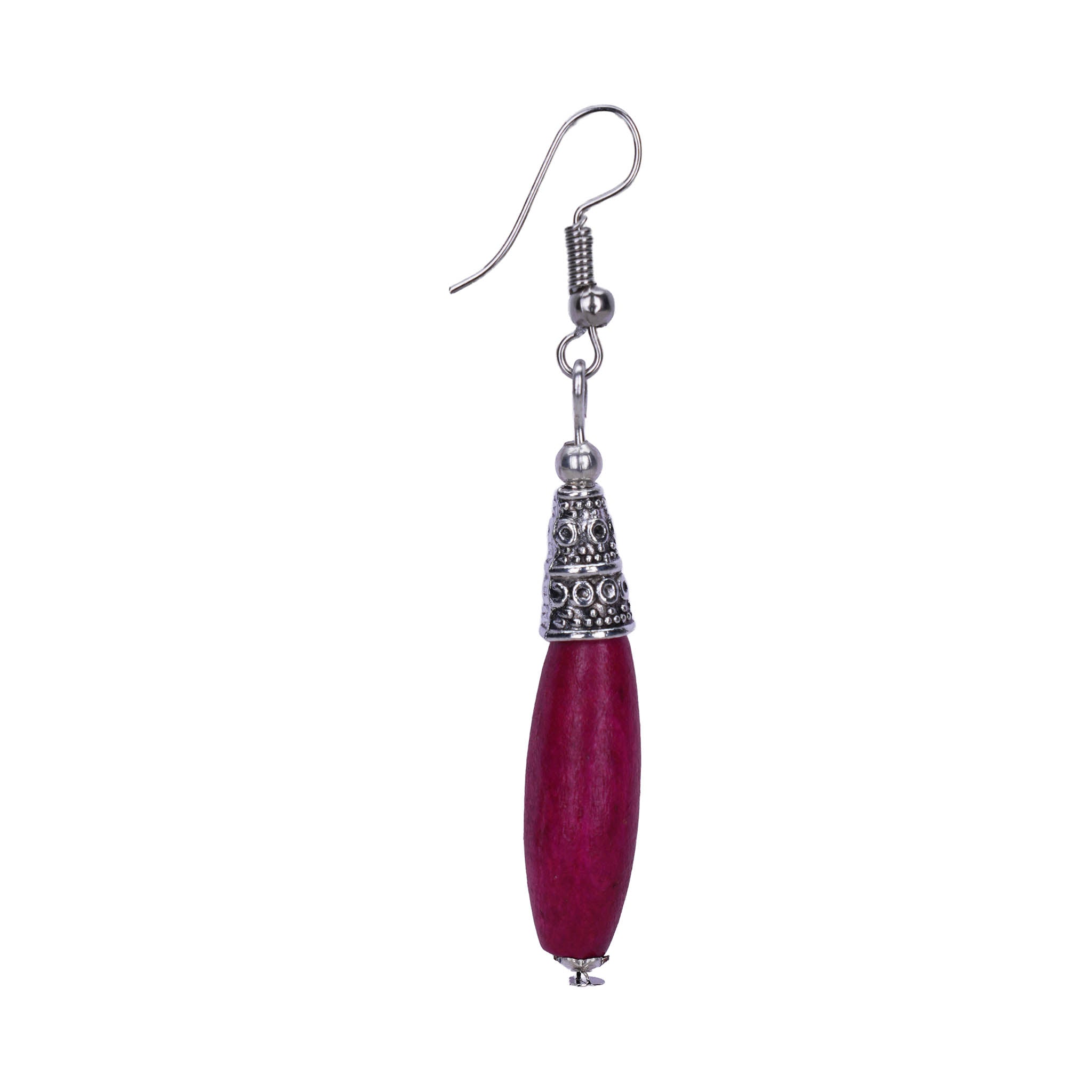 Bohemian Wood And Oxidised Silver Hook Earring - Magenta