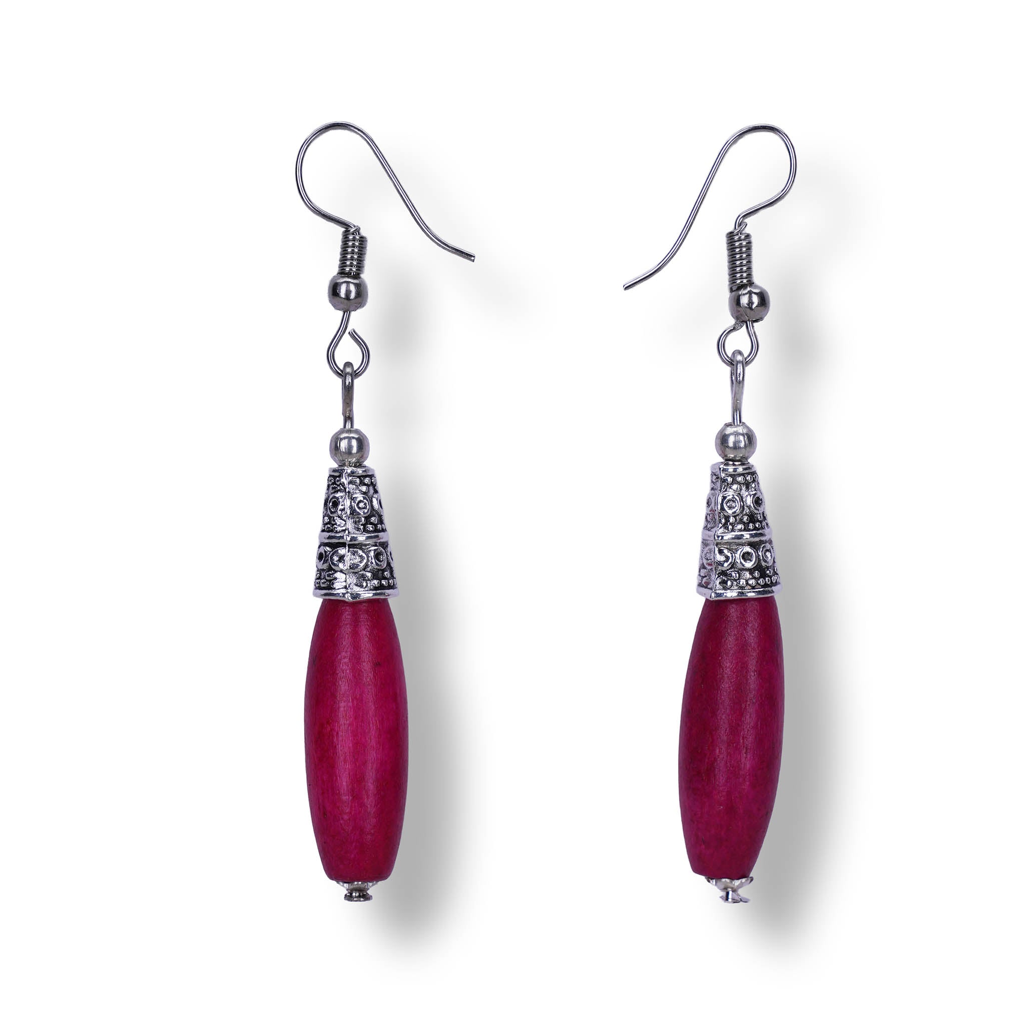 Bohemian Wood And Oxidised Silver Hook Earring - Magenta