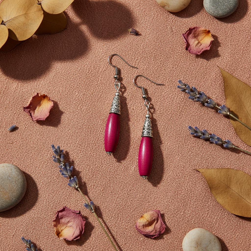 Bohemian Wood And Oxidised Silver Hook Earring - Magenta