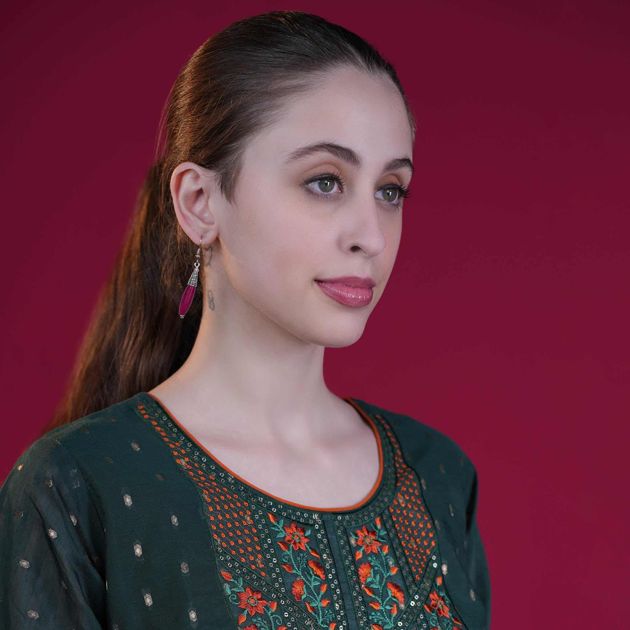 Bohemian Wood And Oxidised Silver Hook Earring - Magenta