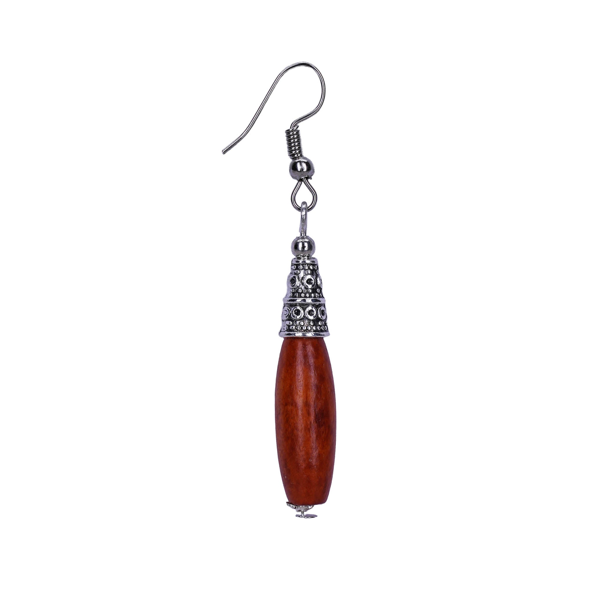 Bohemian Wood And Oxidised Silver Hook Earring - Rust
