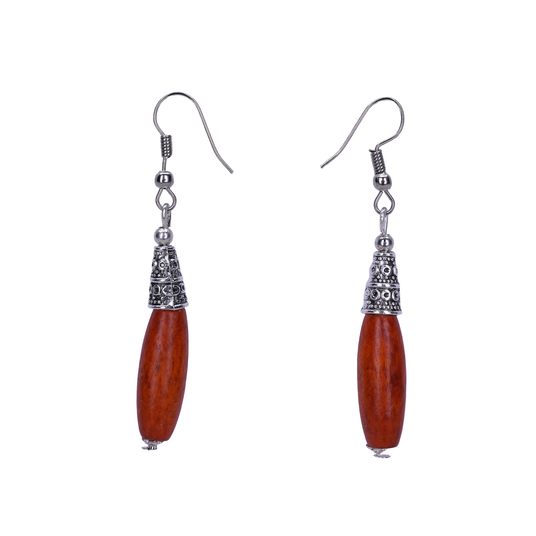 Bohemian Wood And Oxidised Silver Hook Earring - Rust