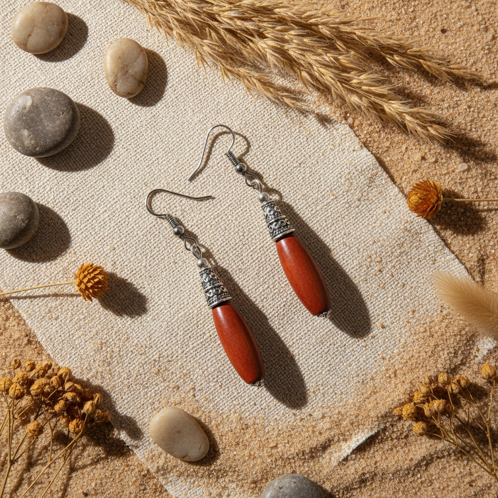 Bohemian Wood And Oxidised Silver Hook Earring - Rust
