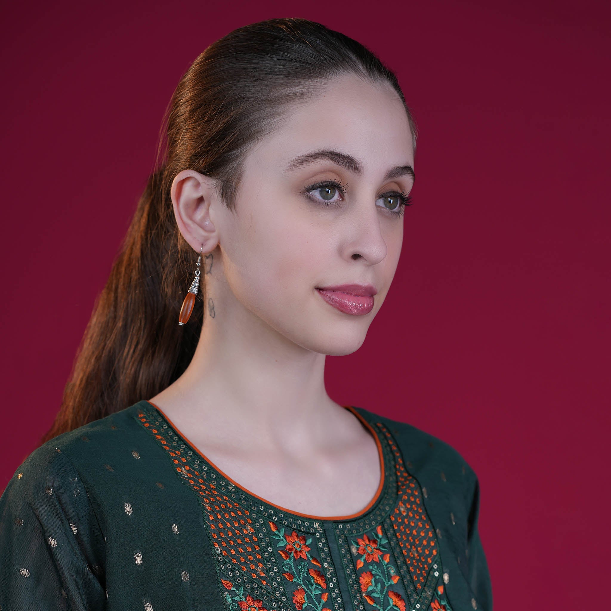 Bohemian Wood And Oxidised Silver Hook Earring - Rust