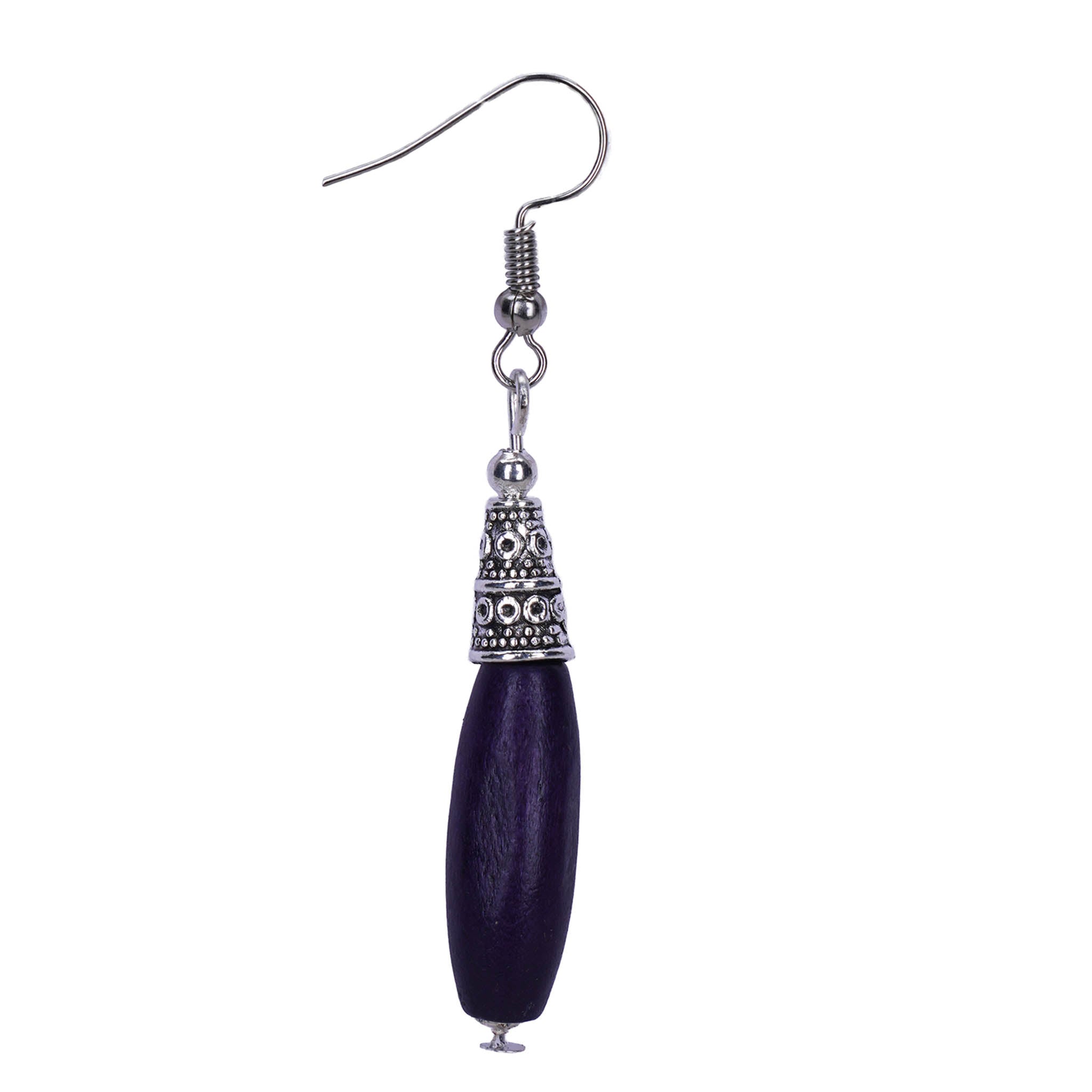 Bohemian Wood And Oxidised Silver Hook Earring - Violet