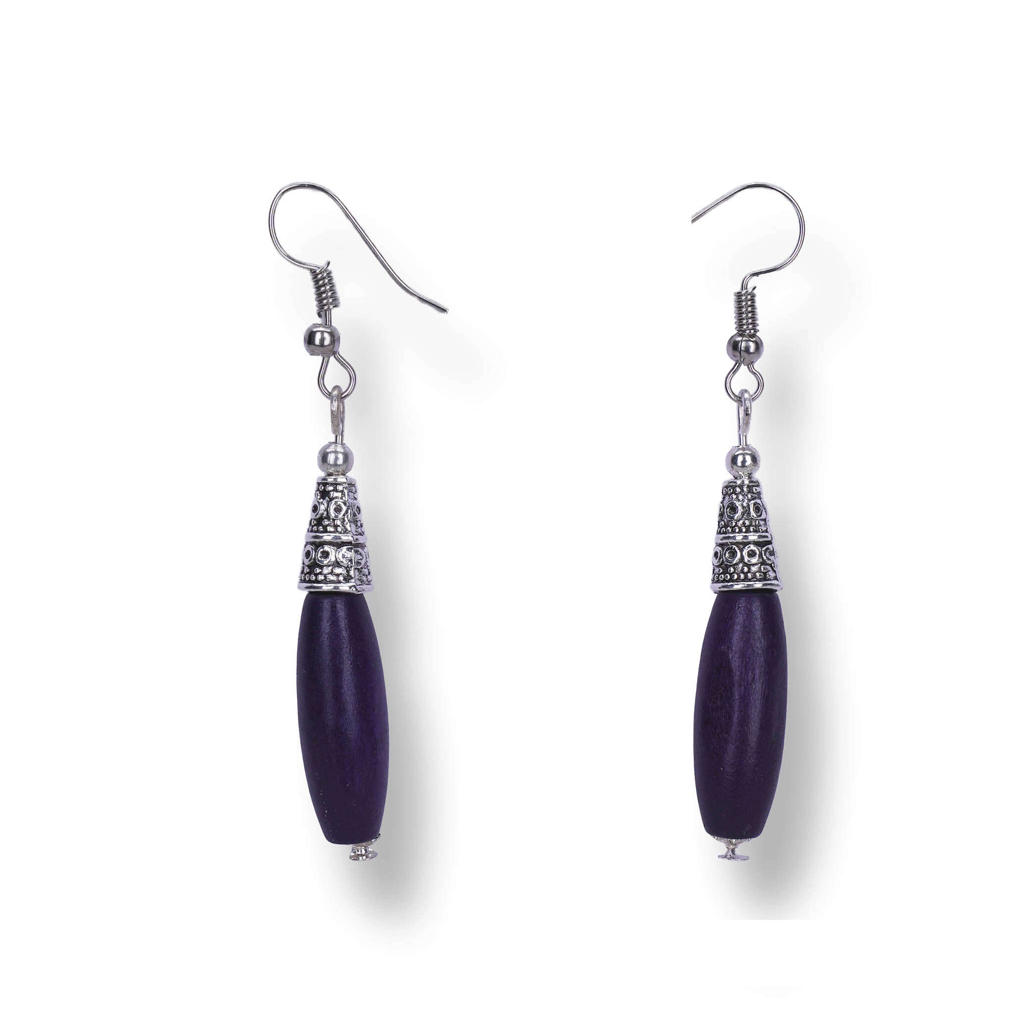 Bohemian Wood And Oxidised Silver Hook Earring - Violet