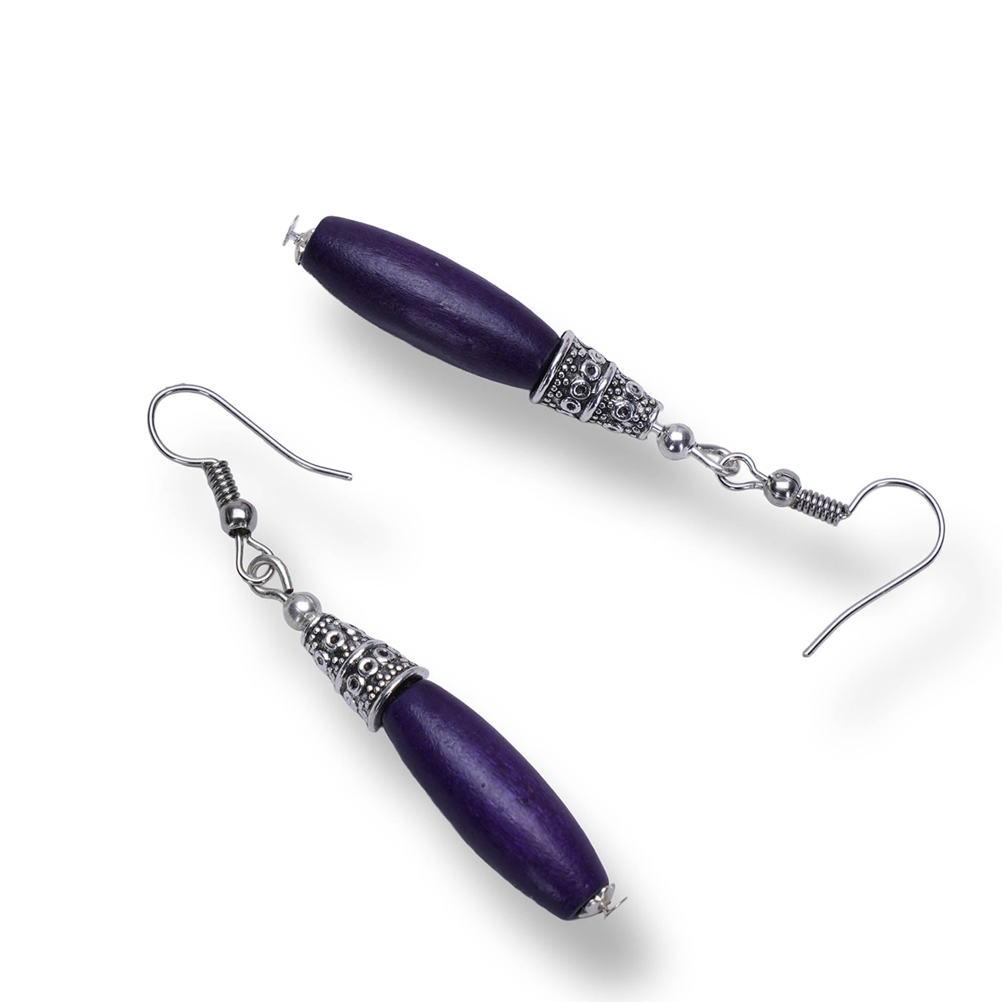 Bohemian Wood And Oxidised Silver Hook Earring - Violet