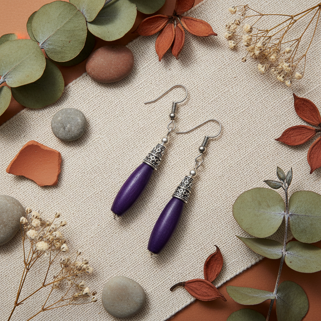 Bohemian Wood And Oxidised Silver Hook Earring - Violet