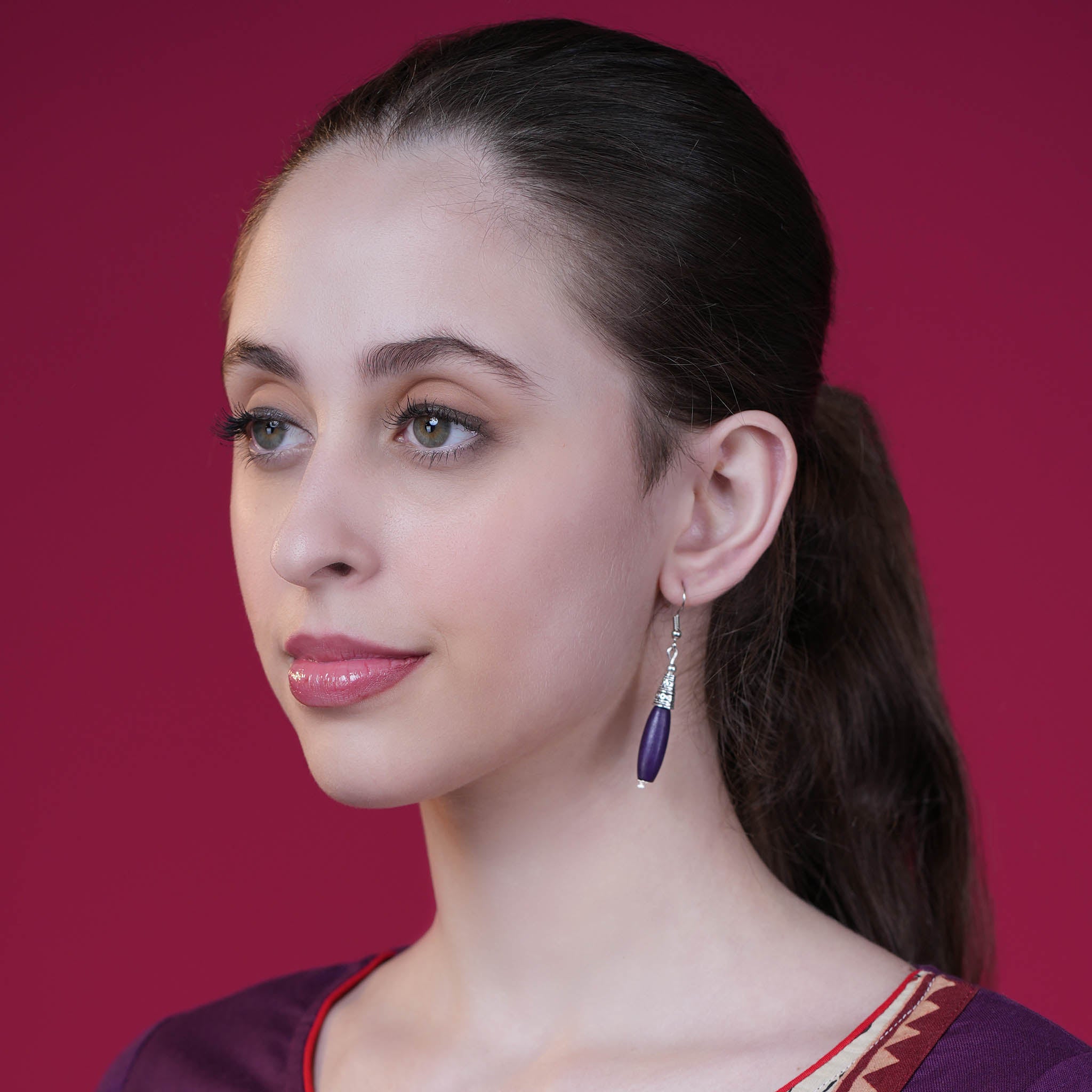 Bohemian Wood And Oxidised Silver Hook Earring - Violet