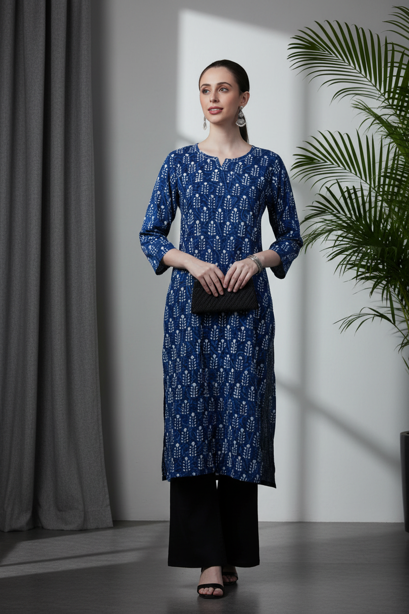 Indigo Dabu Print Long Kurta - Editorial