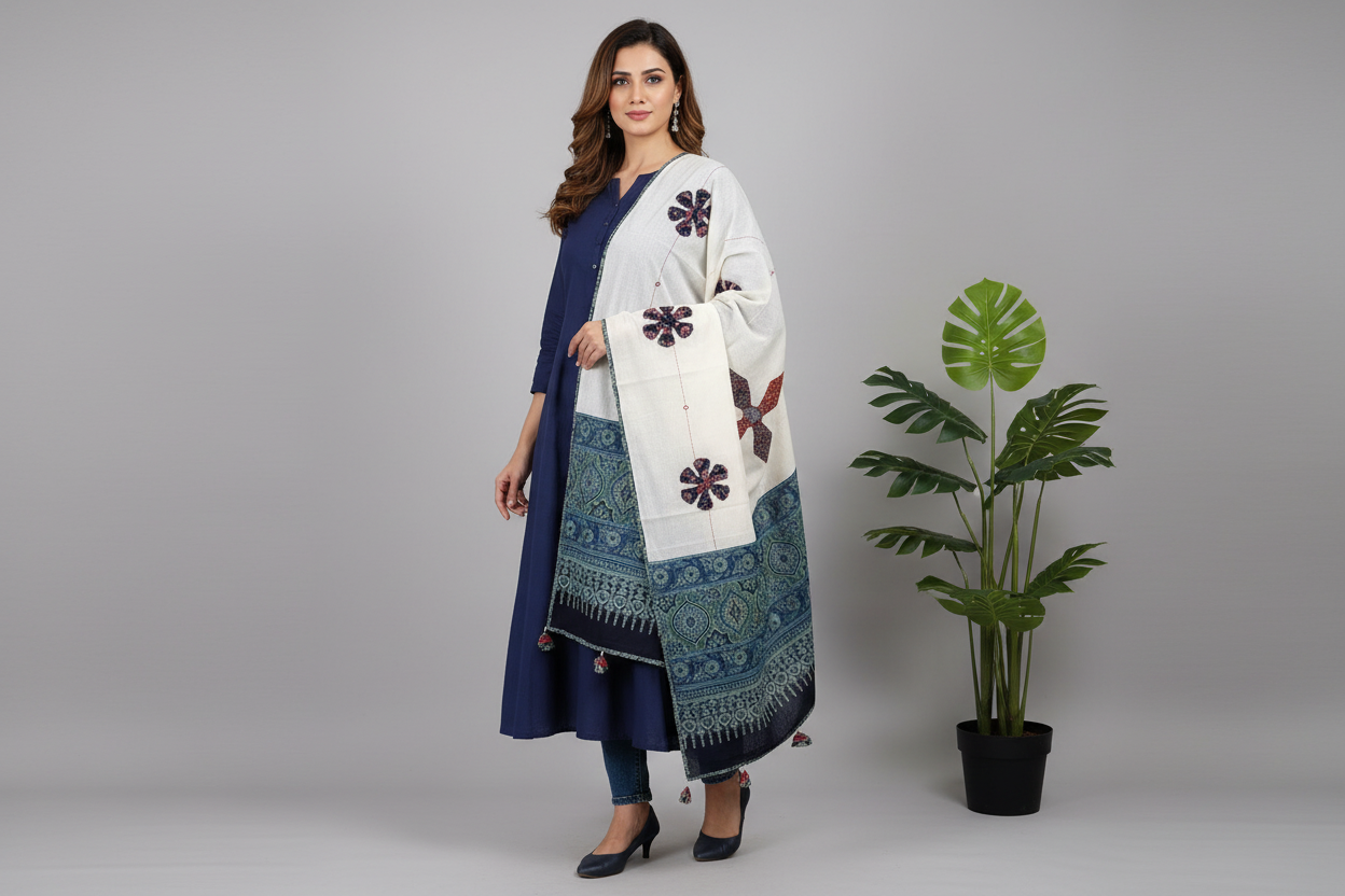 Off-White Blue Dupatta with Long Kurta