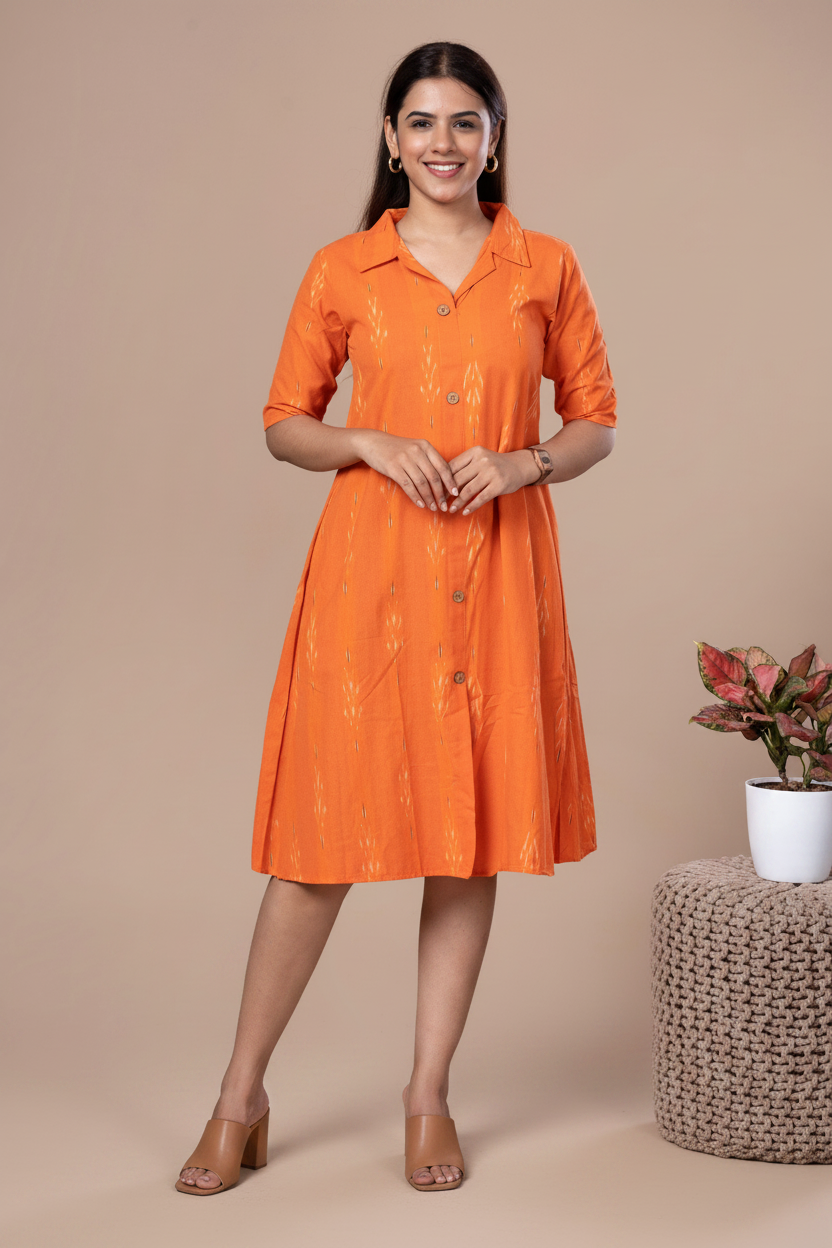 Orange Ikkat Collared Kurta Dress - Editorial