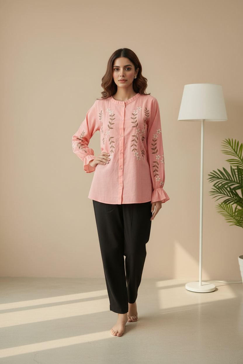 Embroidered Cotton Linen Tunic - Pink