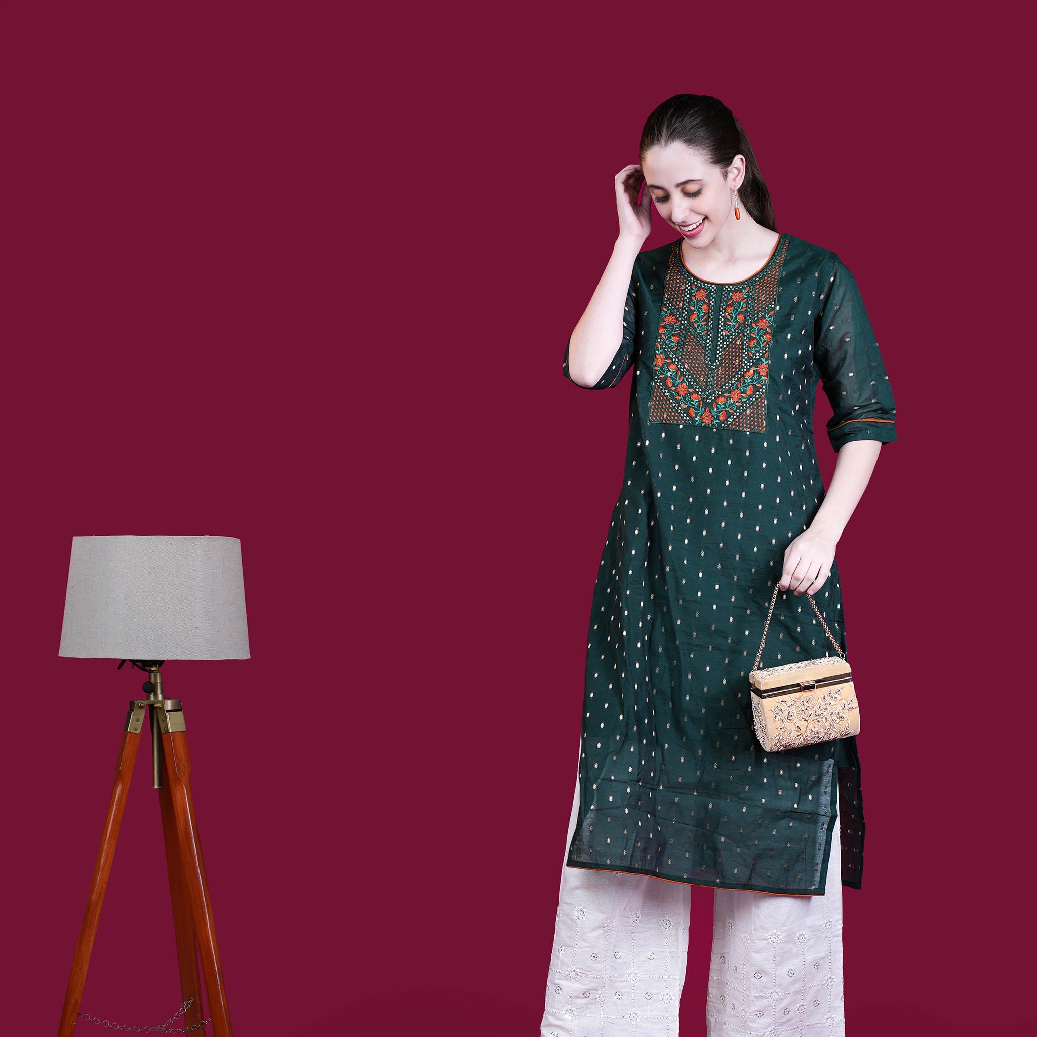 Chanderi Silk Kurta With Embroidery - Green