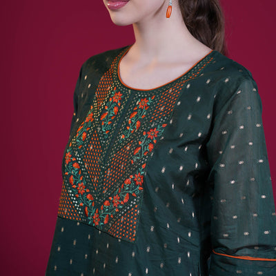 Chanderi Silk Kurta With Embroidery - Green