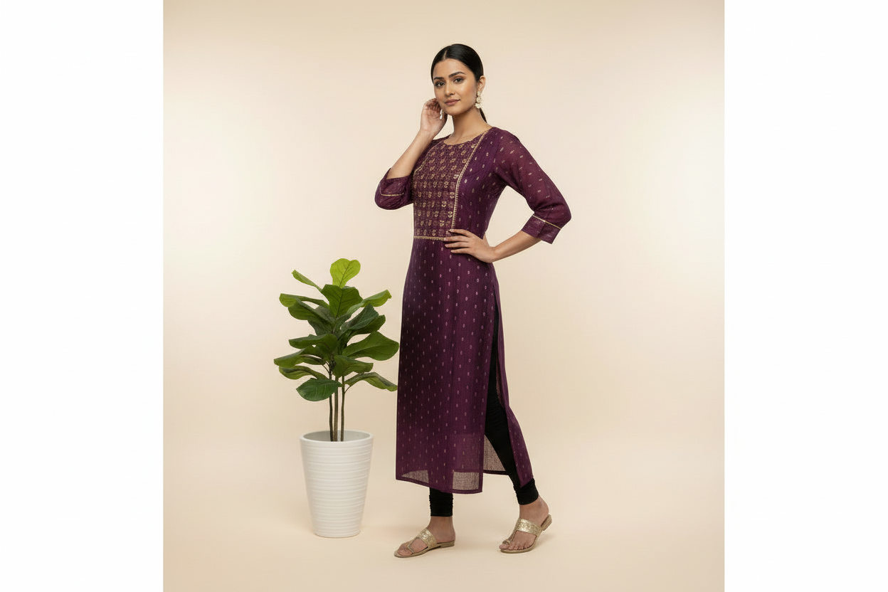 Chanderi Silk Kurta With Embroidery - Purple