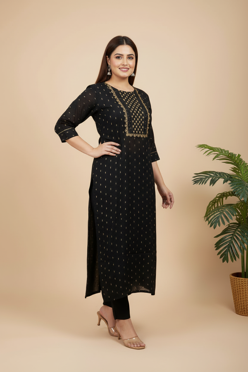 Chanderi Silk Kurta With Embroidery - Black