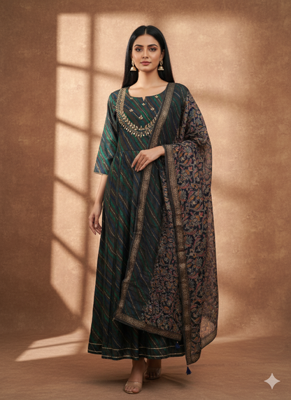 Ethnic Chanderi Silk One Piece Dress With Dupatta