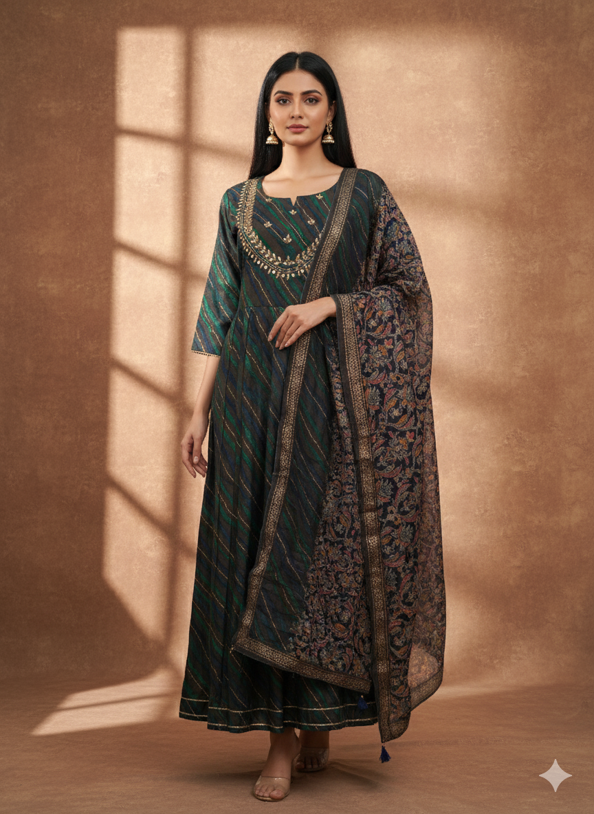 Ethnic Chanderi Silk One Piece Dress With Dupatta