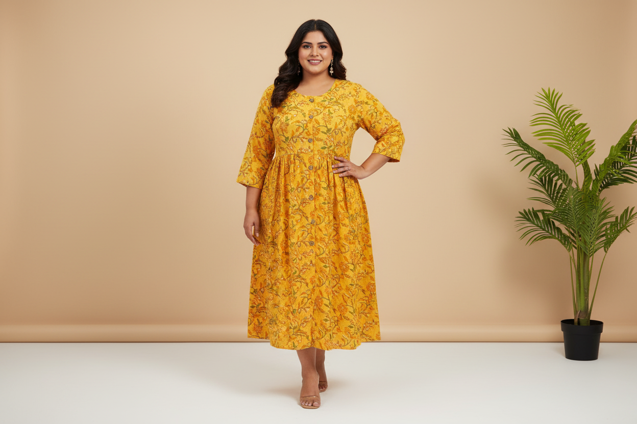 Floral Print Cotton One Piece Dress With Wooden Buttons