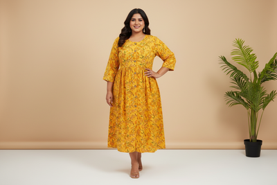 Floral Print Cotton One Piece Dress With Wooden Buttons