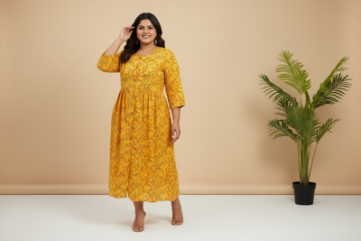 Floral Print Cotton One Piece Dress With Wooden Buttons
