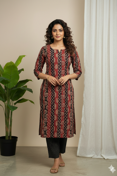 Red and Black Cotton Kurta Pant Set