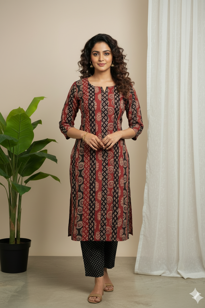 Red and Black Cotton Kurta Pant Set