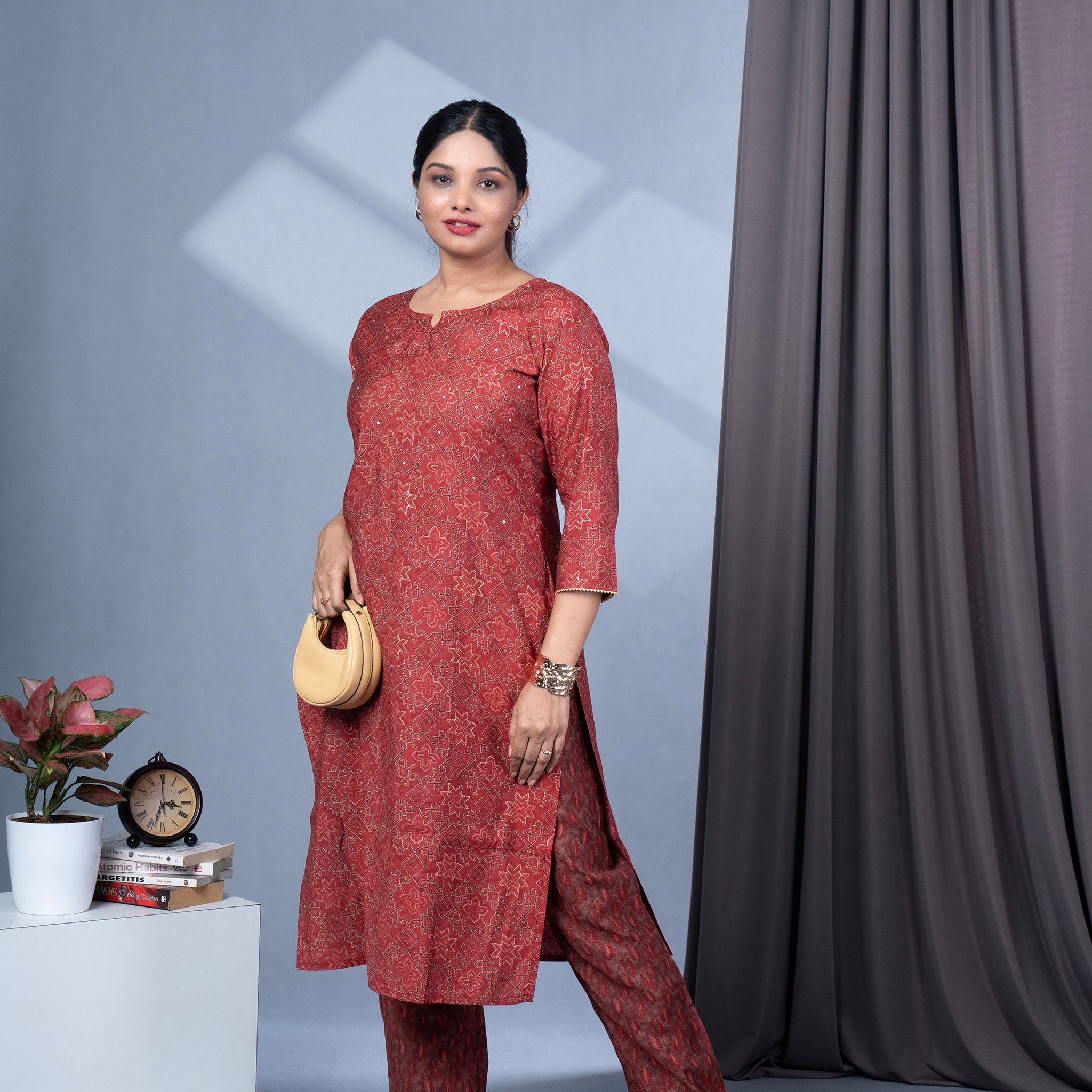 Gold Foil Print Chanderi Silk Kurta Pant Dupatta Set