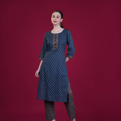 Ajrakh Print Cotton Kurta Pant Dupatta Set