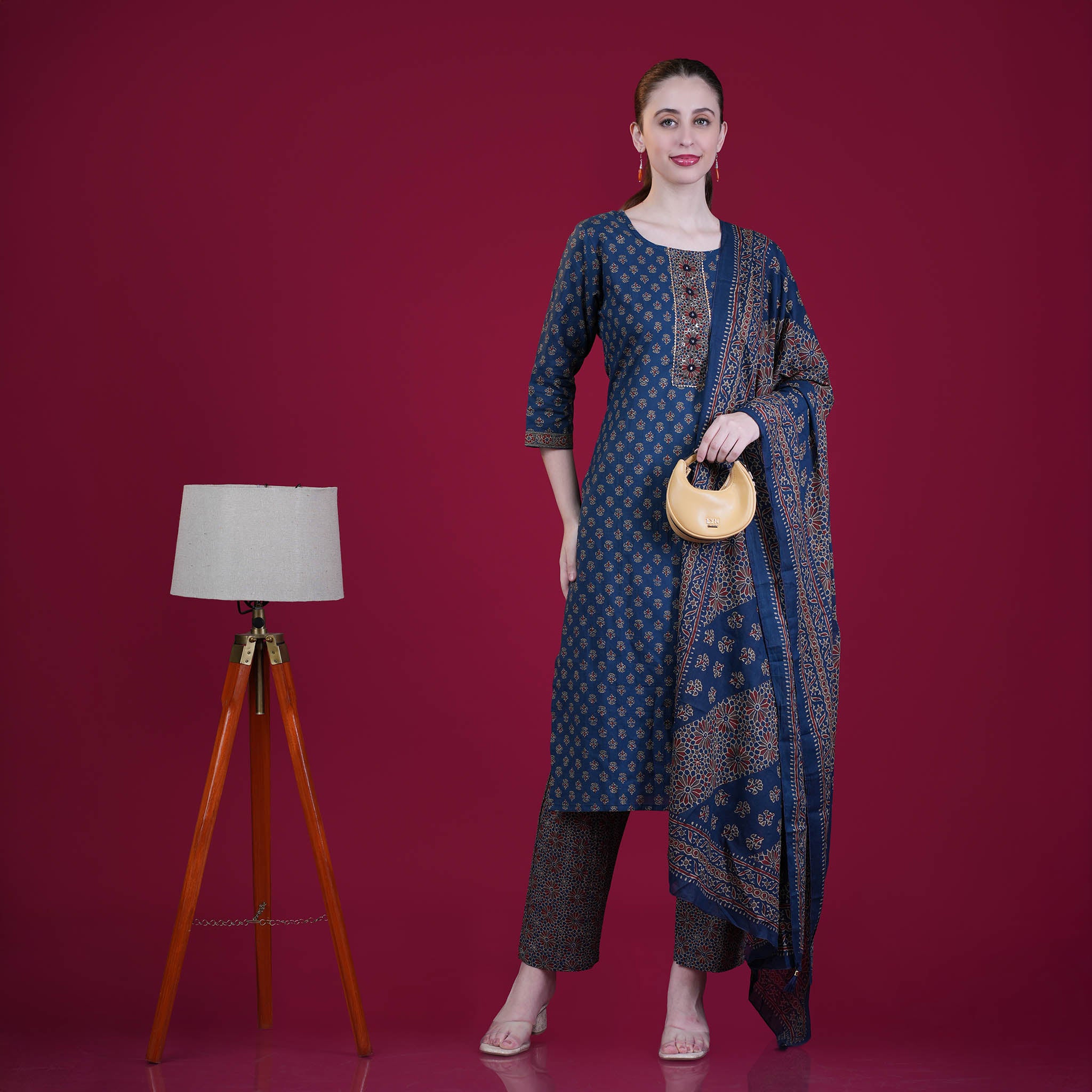 Ajrakh Print Cotton Kurta Pant Dupatta Set