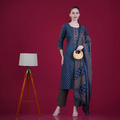 Ajrakh Print Cotton Kurta Pant Dupatta Set