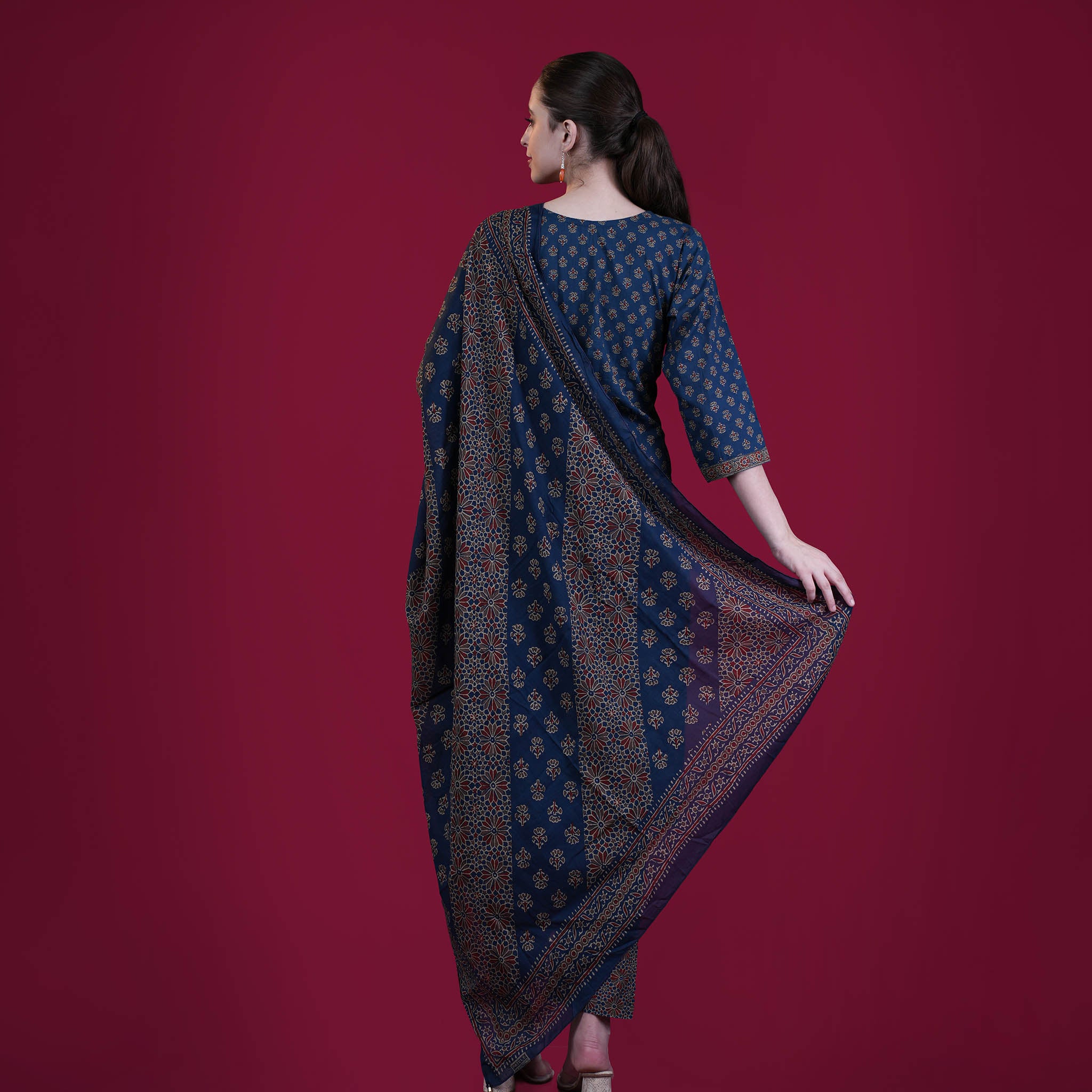 Ajrakh Print Cotton Kurta Pant Dupatta Set
