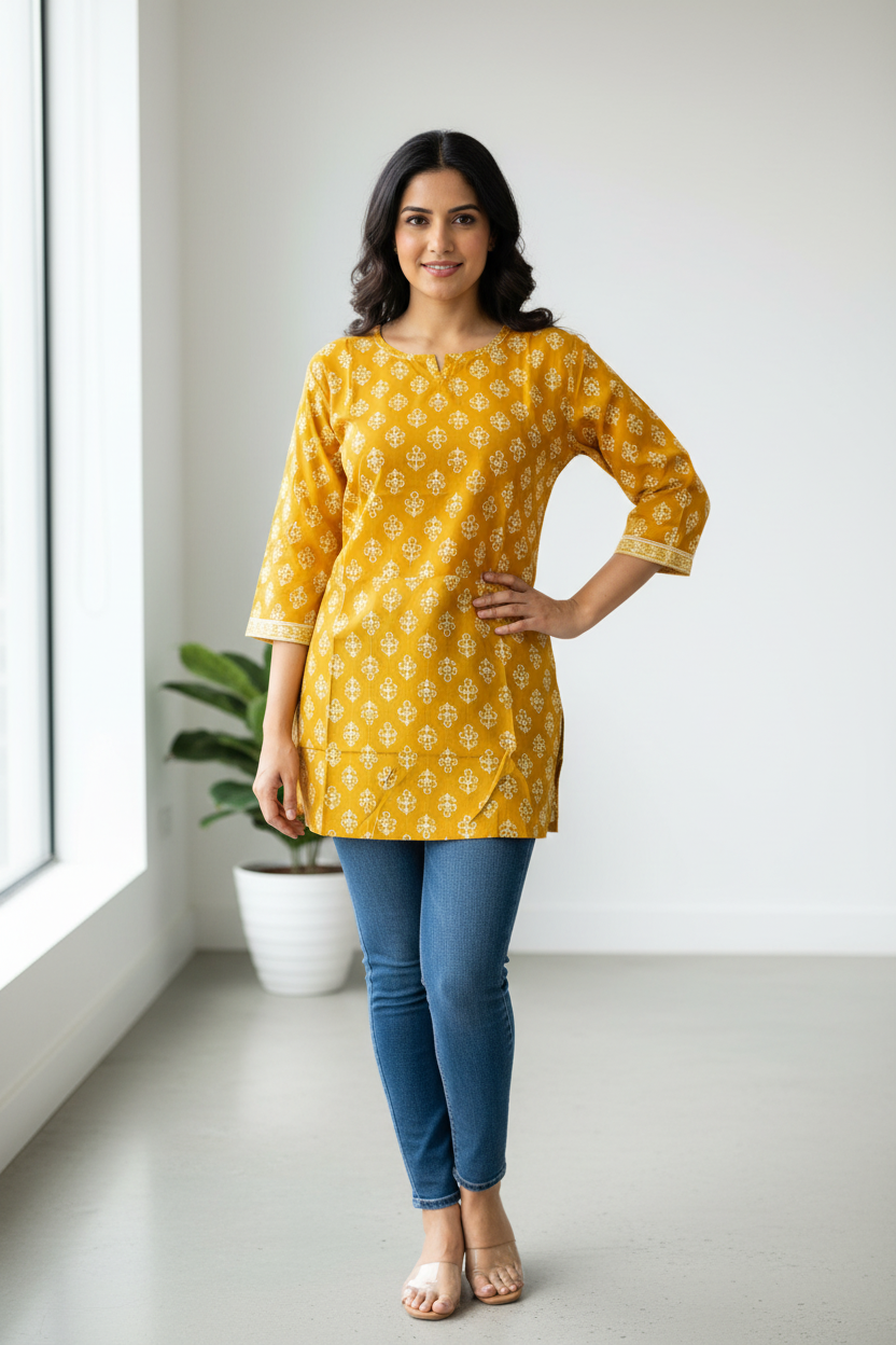 Casual Printed Cotton Tunic - Mustard