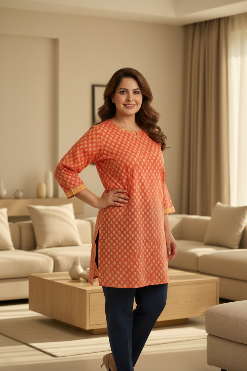 Casual Printed Cotton Tunic - Orange