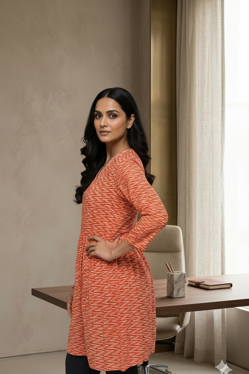 Cotton Peplum Top With V Neck - Orange
