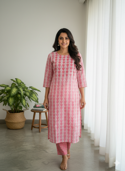 Emroidered Cotton Kurta Pant Set With Sequin And Mirror Work