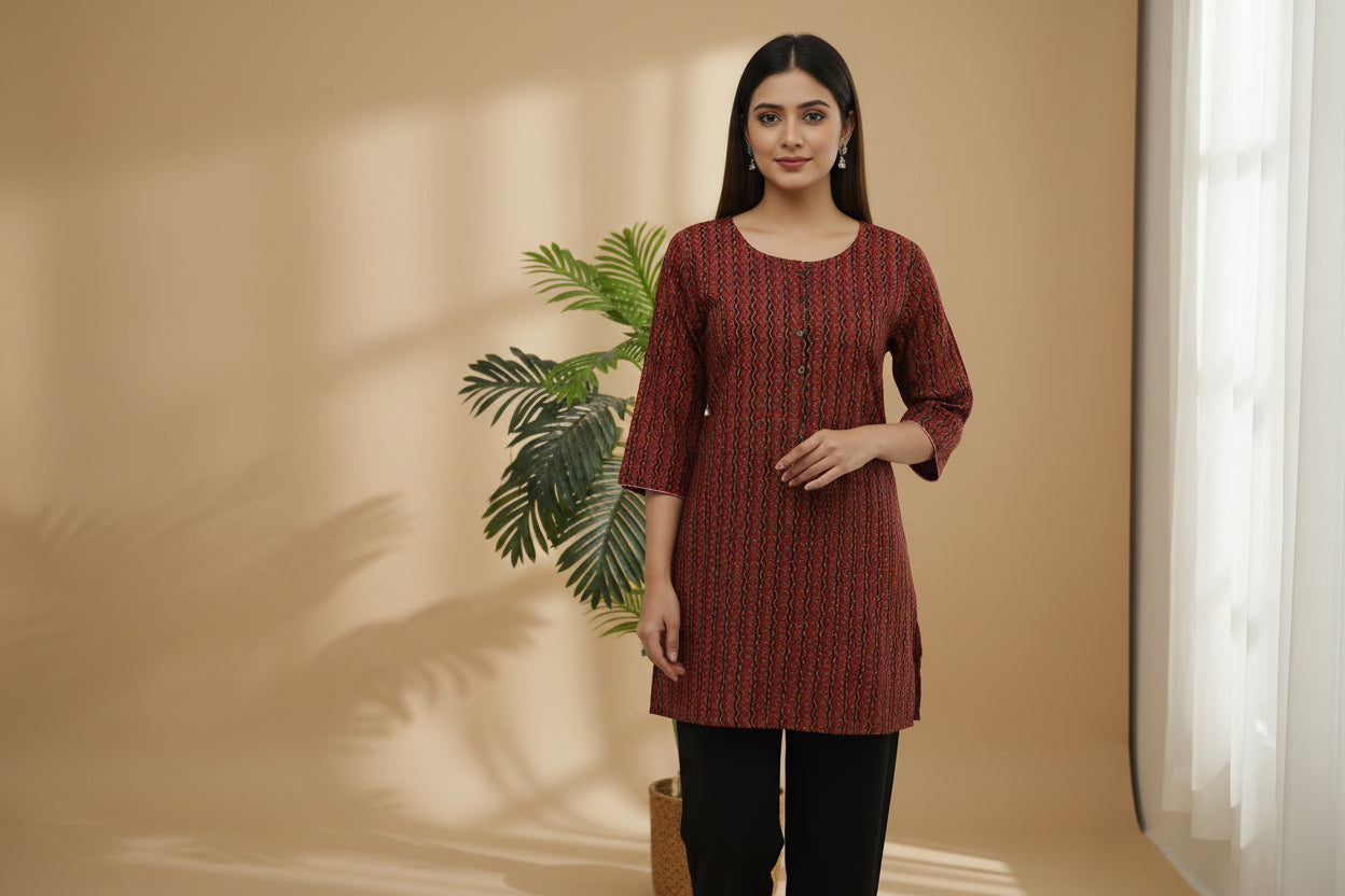 Buy Casual Printed Cotton Tunic in reddish – Tvahra