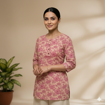 Casual Printed Cotton Tunic - Pink