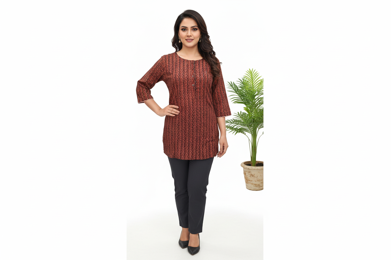 Casual Printed Cotton Tunic - Reddish Maroon