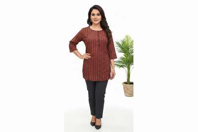 Casual Printed Cotton Tunic - Reddish Maroon