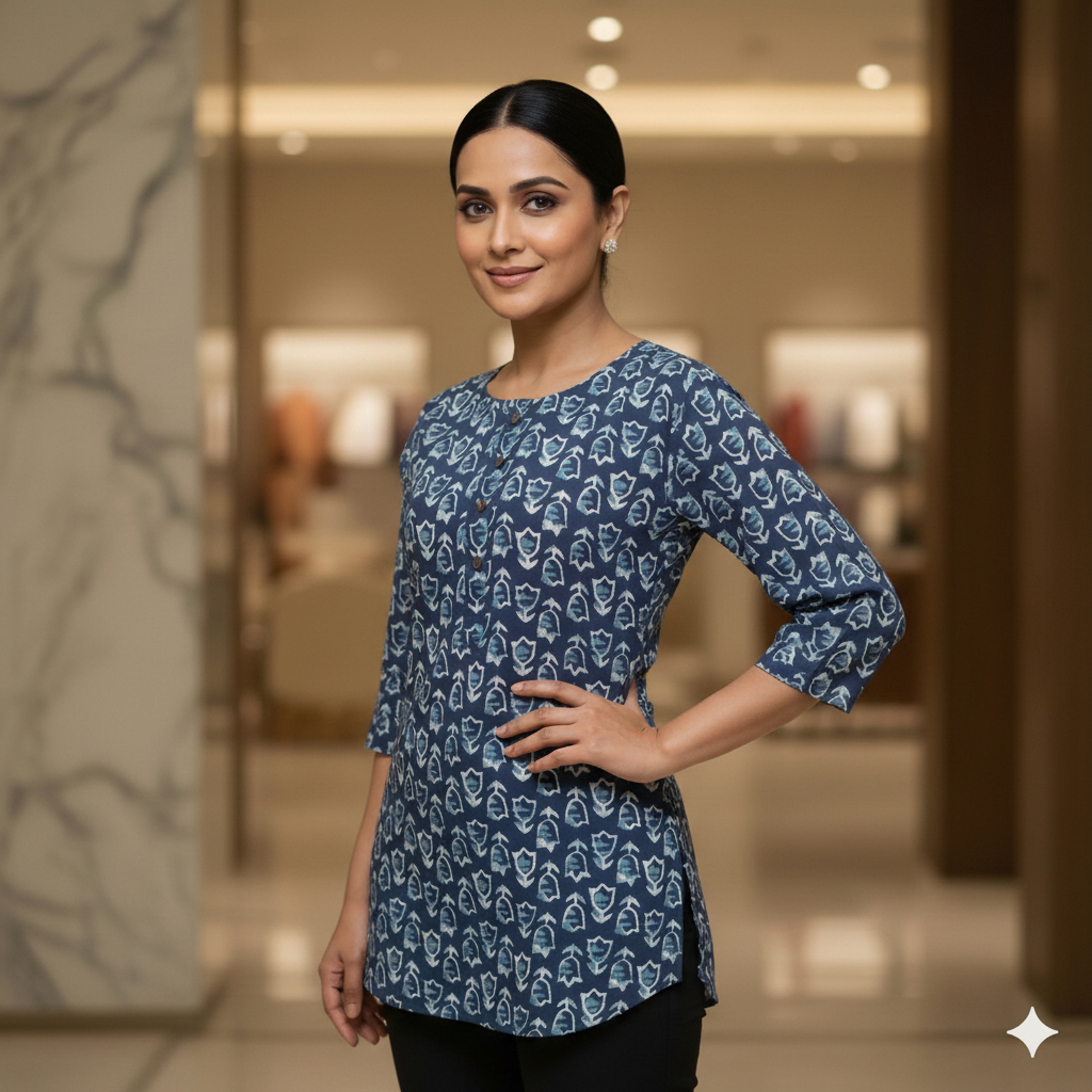 Casual Printed Cotton Tunic - Blue