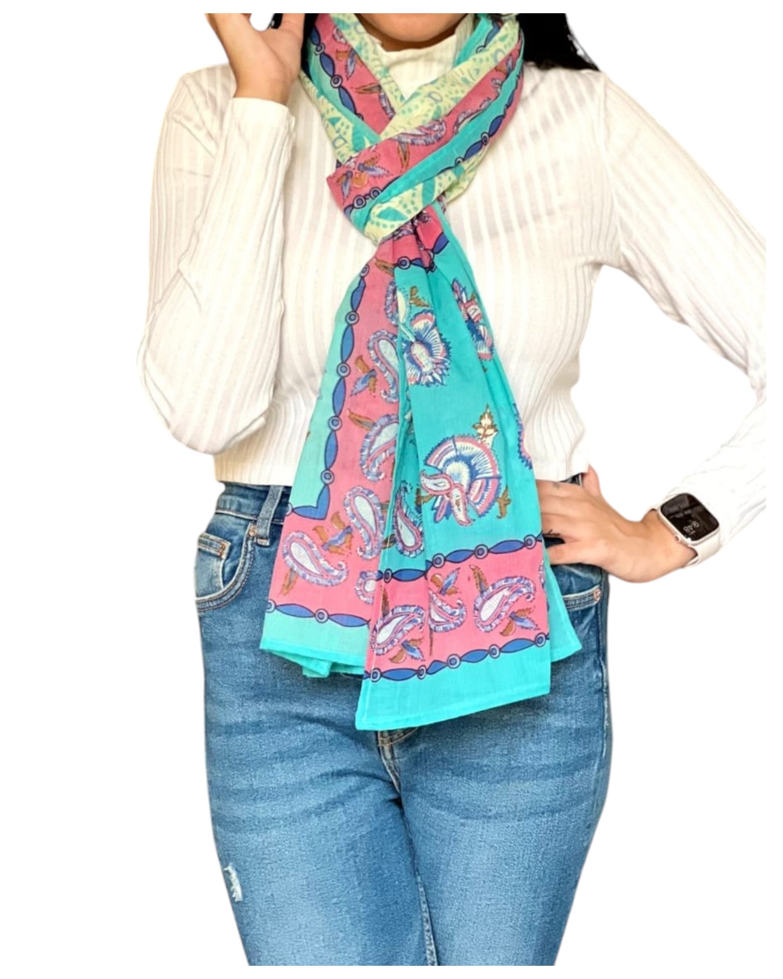 Jaipur Print Mul Cotton Stole - White & Blue