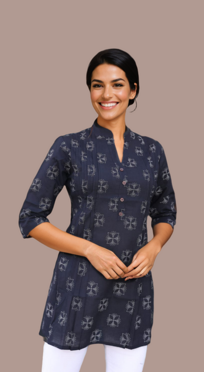 Cotton A Line Tunic With Asian Collar And Pin Tucks