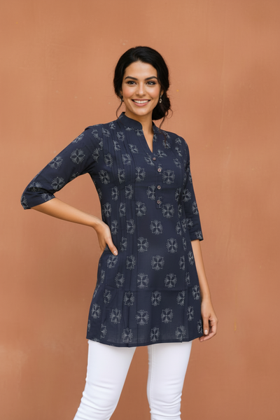 Cotton A Line Tunic With Asian Collar And Pin Tucks
